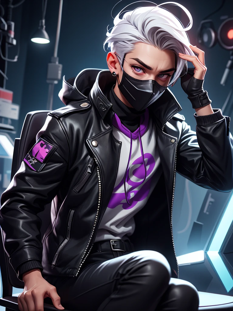 young spy with purple eyes, wearing all black leather clothing, wearing a mask that covers his mouth, with white hair, with silver earrings in his ear, trapped in an iron chair, and receiving several shocks and being electrocuted