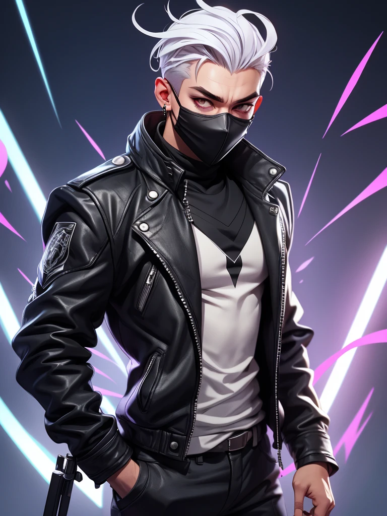 young spy with purple eyes, wearing all black leather clothing, wearing a mask that covers his mouth, with white hair, with silver earrings in his ear, trapped in an iron chair, and receiving several shocks and being electrocuted