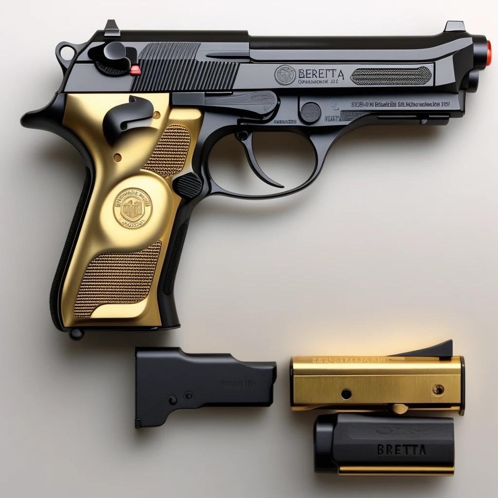 (((BERETTA 96A1 .40 S&W))), pistol, weapon, model is 96A1, Caliber is .40 S&W, magazine capacity is 10, double action, Overall Height is 5.4 inch, Overall Width is 1.5 inch, Barrel Length is 4.9 inch, Overall Length is 8.5 inch, Weight Unloaded is 33.3 oz, Frame Size is Full Size, "MOD. 96-CAL .40-PATENTED" is carved, ((photorealism, hyperrealism, three-dimensional rendering, genuine)), ((masterpiece, best quality, ultra-detailed, an extremely delicate and beautiful)), ((extremely detailed CG unity 8k wallpaper)), ((award winning, ccurate, UHD, textured skin, chromatic aberration, perfect ???????, golden ratio)), (exquisite attention to detail), ((perfect_composition, perfect_design, perfect_layout, perfect_detail, ultra_detailed)), ((aesthetic harmony)) [PopArt style]