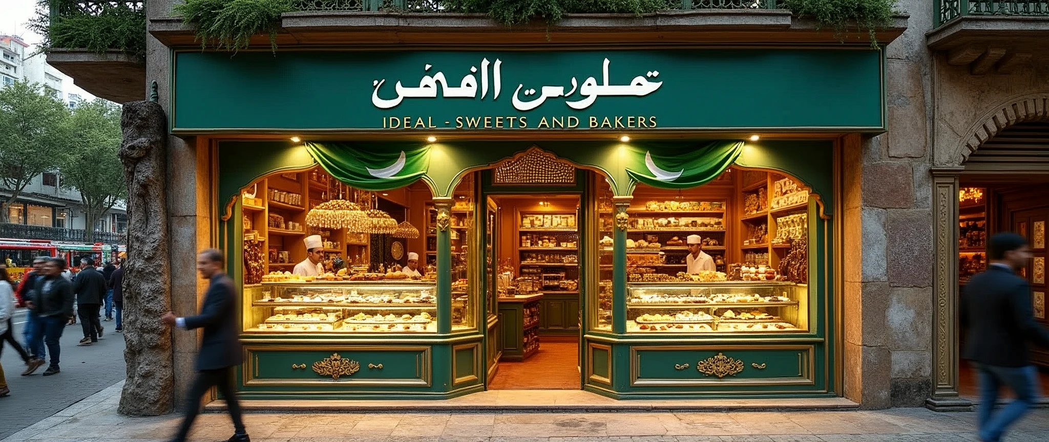 I would like to show a picture of a bakery like Kiran and have sweets with the flag of Pakistan and the name of a bakery mentioned above which is Super Ideal Sweets and Bakers Faisalabad.