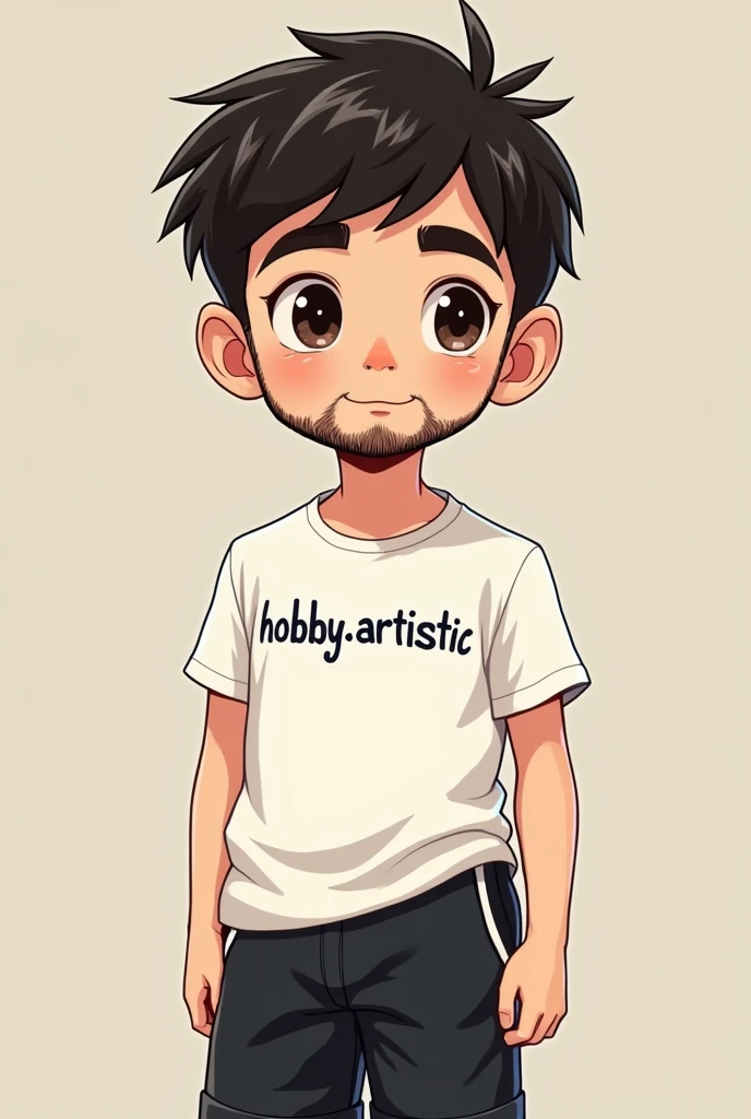 (8K resolution) Drawing of a boy in cartoon, offwhite, clear eyes, Wearing White T-shirt, in shorts, wearing black cap, 1,70 m, 70 kg, thick eyebrows, fine nose, small ears, written on t-shirt "hobby.artistic", short beard, brawny, Scrawny.