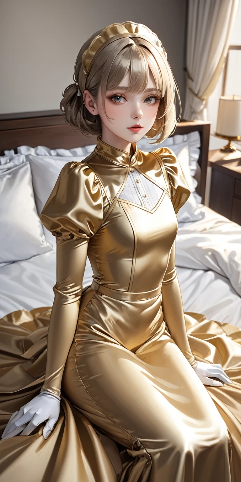 Portraiture、(masterpiece,Highest quality,Ultra-high resolution),Japanese women, Bob Hair、(((Very beautiful 25 year old girl)))、Flat chest、(She is wearing a shiny pale gold satin long sleeve maid outfit...)、The dress has a simple design without any patterns....、(((Long skirt made of pale gold satin.)))、Pale gold satin gloves、((Pale gold satin bodysuit))、Sitting on a pale gold satin bed