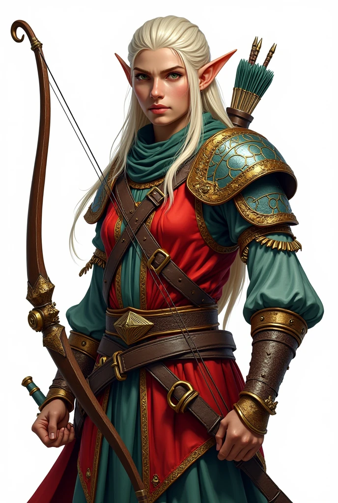 drawning, sharp colors, bust of an elf archer holding a bow, medieval style, BOARD PIECE, white background, fully body