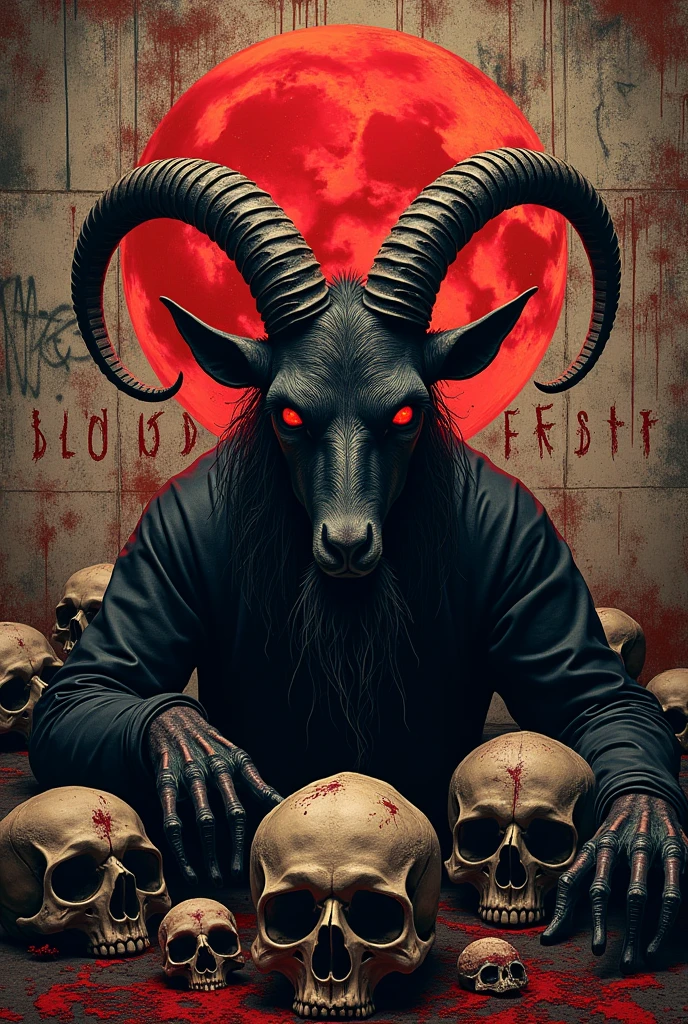 flyer for metal event A creepy stage with satanic goat and dark skulls, negro, Red In the background a wall that says Blood Moon Fest