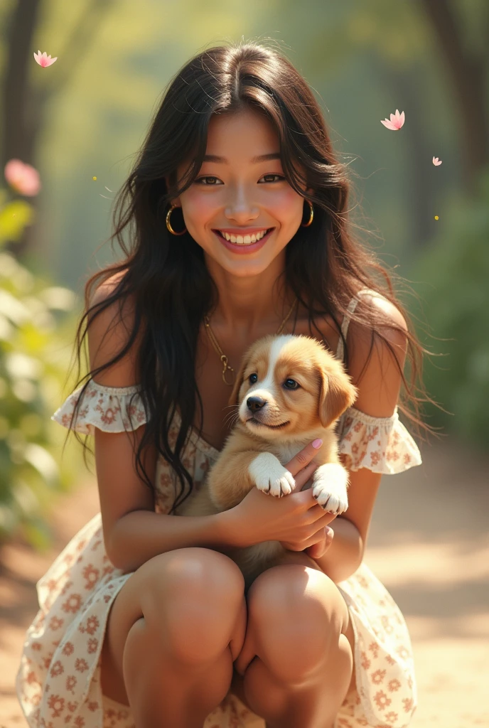 A 25-year-old girl,Long black hair,Wearing a white floral dress,Squatting,Holding a puppy,Happy smile