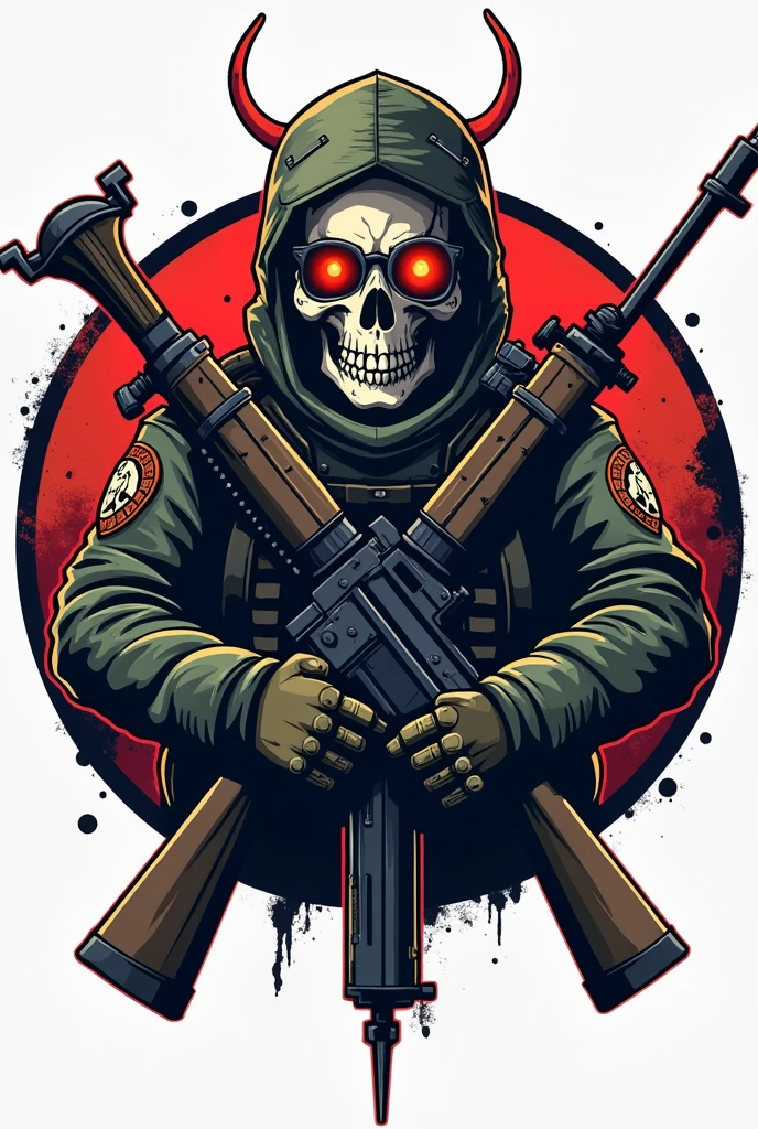 Create a logo that resembles a special forces group in the form of a patch for an airsoft team, where it contains a trident, a skull and weapons, with a round background and that is a little more organic and abstract, cartoon-oriented

