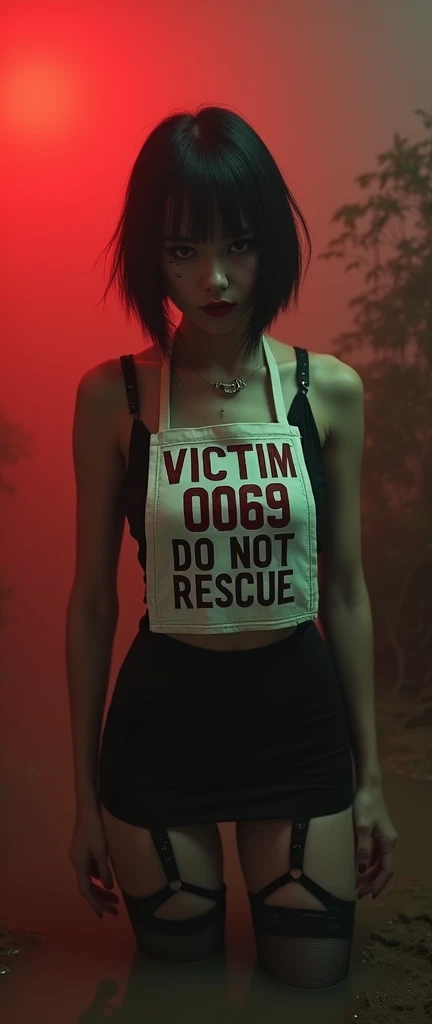 woman, bib "VICTIM 0069 DO NOT RESCUE", short tight black dress, stockings with garters, stuck in mud bog,pale ethnic patterns ritual makeup, cold, red lips, sexy posing, bob haircut, red fog, posing, dynamic, sexy despair