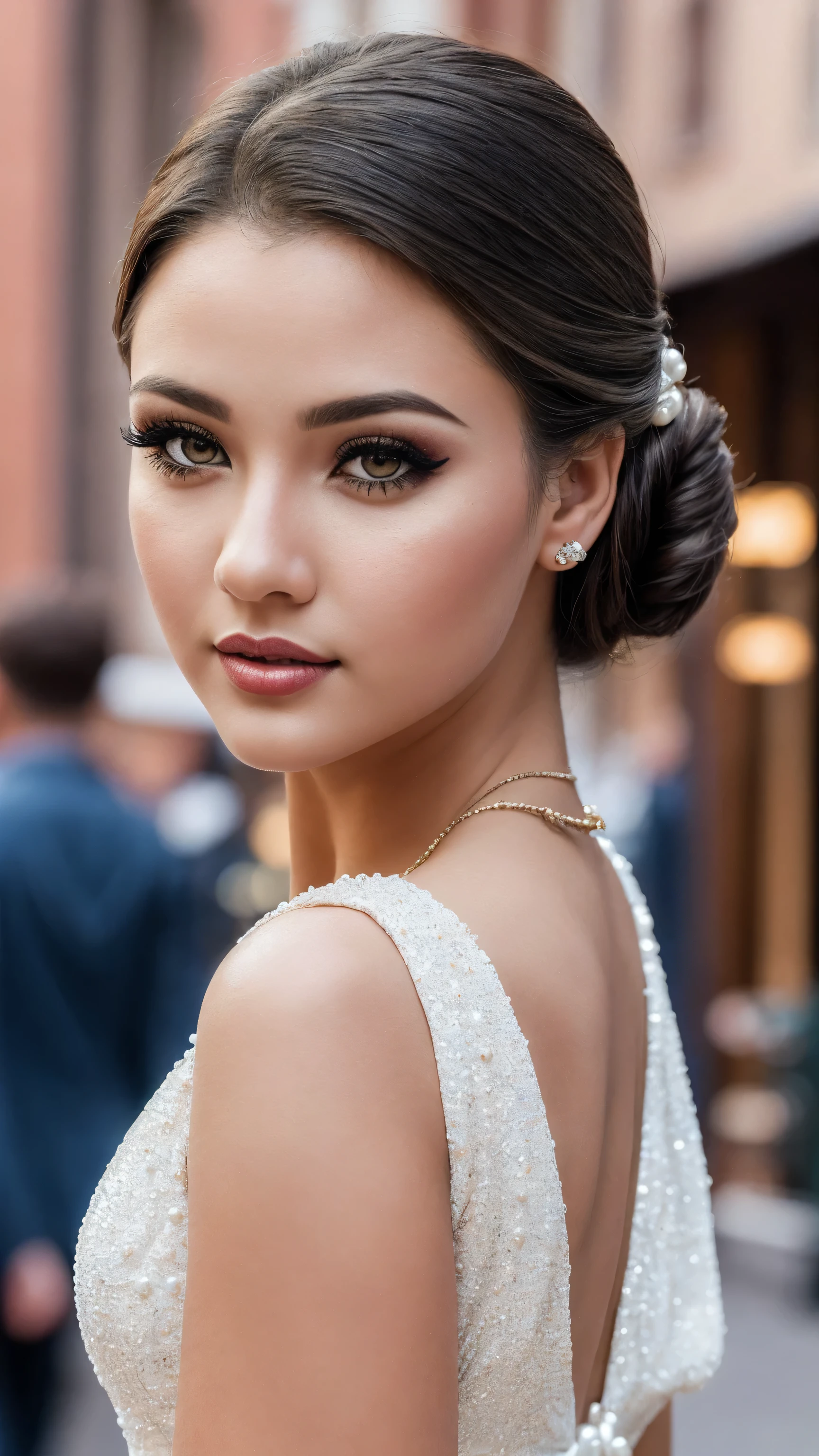 ((ultra high resolution)), ((photorealism 16K realism)), ((Hyper-realistic proportional body, anatomically correct:1.3)), ((ultra-fine digital art)), (intricately detailed beautiful face), (light pale complexion), BREAK, ((small round head)), (high detailed Super beautiful slim and sharp-face), (best highest detailed realistic black_eyes:1.2), (super realistic sharp-eyes:1.2), (tired and sleepy and satisfied:0.0), perfect round eyes, finely detailed pupils,BREAK,detailed lips:1.3,pink_makeup:1.22, long blue_eyeliner, red_lipstick:1.21 ,(perfect light_eyeshadows:1.25), (super detailed professional makeup on eyes:1.3), (Detailed nose:1.2), (Clad in a retro polka-dot dress with a cinched waist and pearl accessories, complemented by a classic updo), (Amidst a quaint town square, with cobblestone streets lined with charming boutiques and antique shops, where time seems to stand still:1.3), (seductive:1.3),(analog, cinematic, hazy atmosphere, cinematic shot:1.3), (sexy,seductive:1.2),