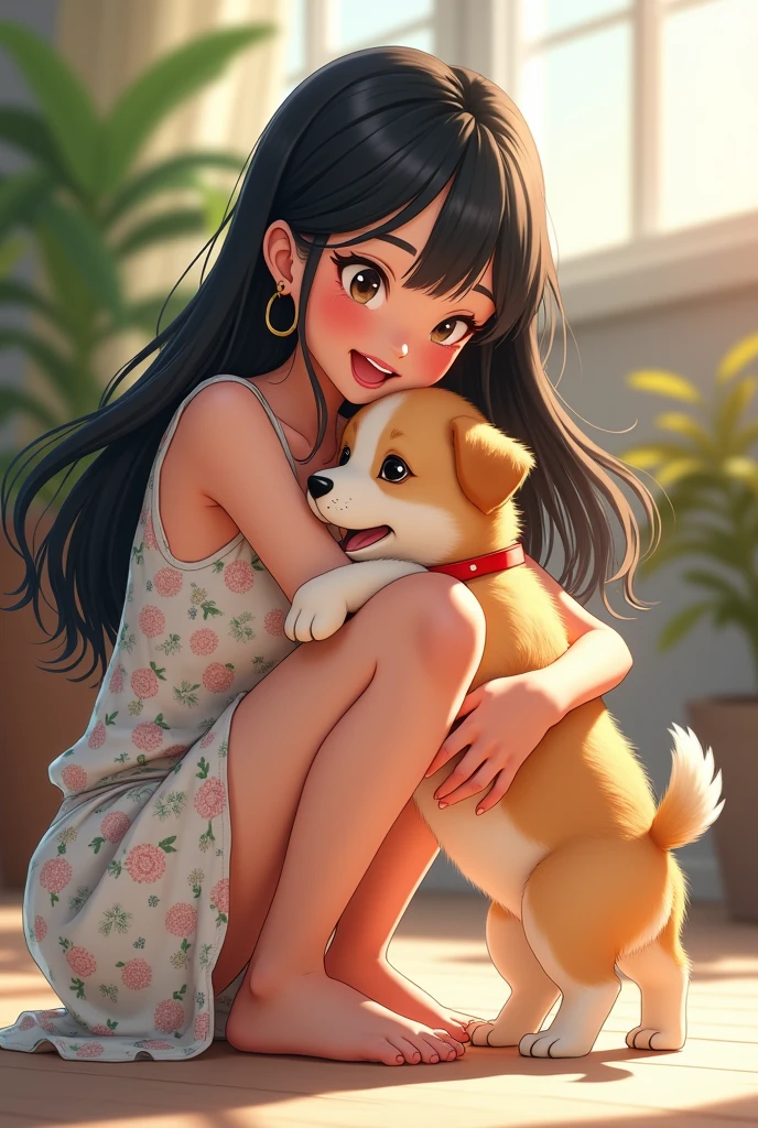 A 25-year-old girl，Long black hair，Wearing a white floral dress，Squatting，Holding a puppy，Happy smile，Anime style，Pixar style