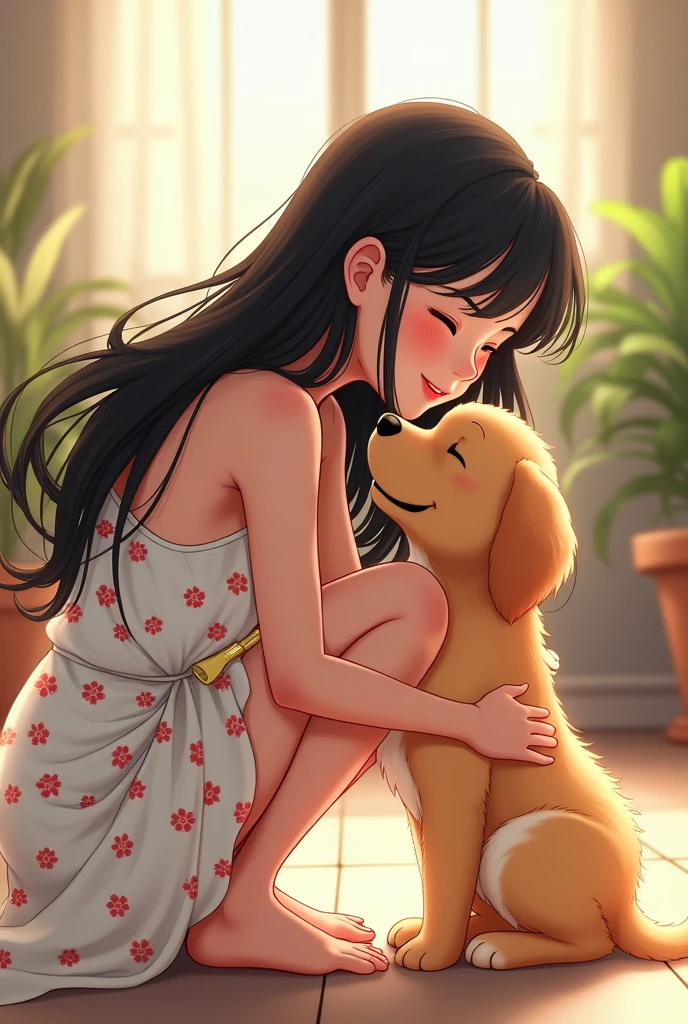 A 25-year-old girl,Long black hair,Wearing a white floral dress,Squatting,Holding a puppy,Happy smile,Anime style,Pixar style