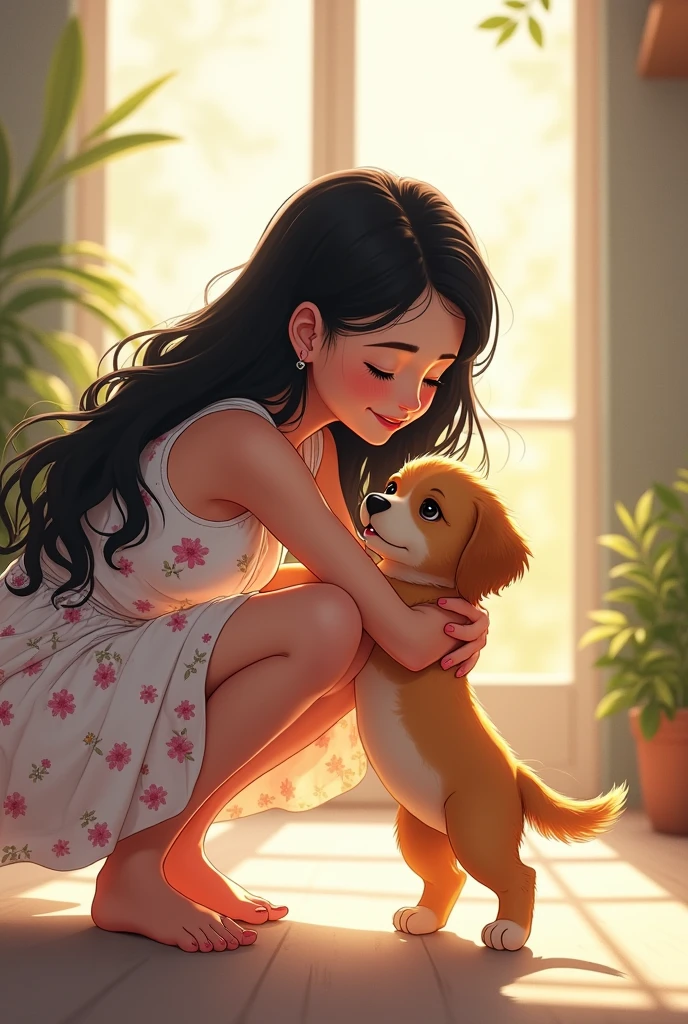 A 25-year-old girl,Long black hair,Wearing a white floral dress,Squatting,Holding a puppy,Happy smile,Anime style,Pixar style