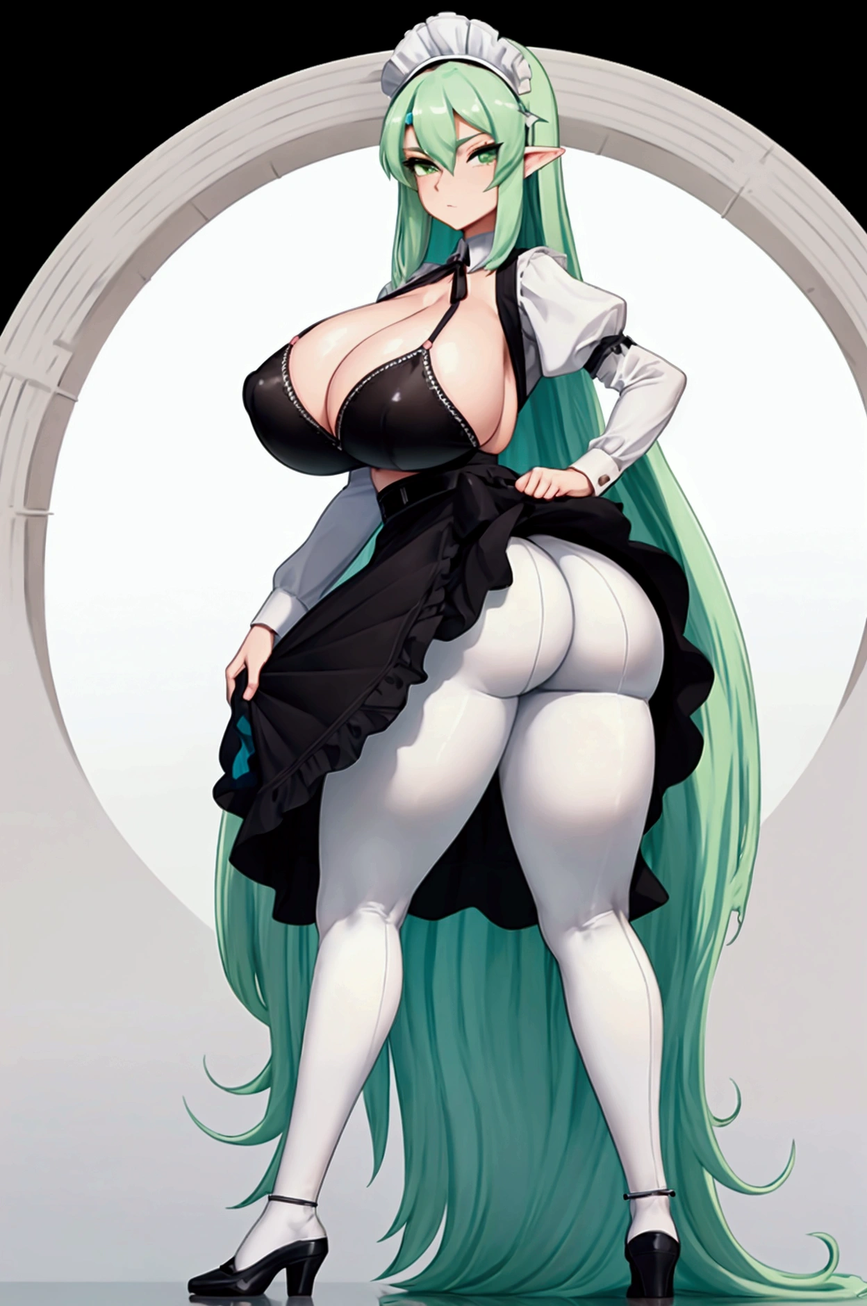 (isade),(Posing standing and with the body facing Fourth wall:1.5),+,(1 girl),(Mature body woman), (pretty: 1.5), (super hot: 1.5), (White skin color), (Long light green hair and light green eyes), (And super gigantic breasts: 1.5), (Height 1.20), (beautiful young woman), (super beautiful 18 year old ),(Slender body),(slim body),(slim body),(thin waist with hot hips),(Super gigantic breasts:1.5),(Big ass:1.5),(young mature and sexual woman's body),(Wearing),+,(A maid dress has a wide, voluminous skirt, often with layers of tulle or ruffles, providing an effect of lightness and movement. Color: Predominantly black, with white details. Neckline: Typically sweetheart-shaped or with a white collar, which adds an elegant contrast. Sleeves: They can be short or long, often with details such as lace or ribbons. Waist: Often, the dress is adjusted at the waist with a bow or belt, accentuating the silhouette. Accessories Apron: A white apron is an essential element, usually adorned with lace or embroidery, that covers the front of the dress. Cap: A white cap, which can vary in size and style, is worn on the head, symbolizing the role of a maid. Socks: Long socks, usually white or black, which may have details such as stripes or lace, complement the look. Shoes: Low-heeled shoes or flats, often black, that are comfortable and elegant.)