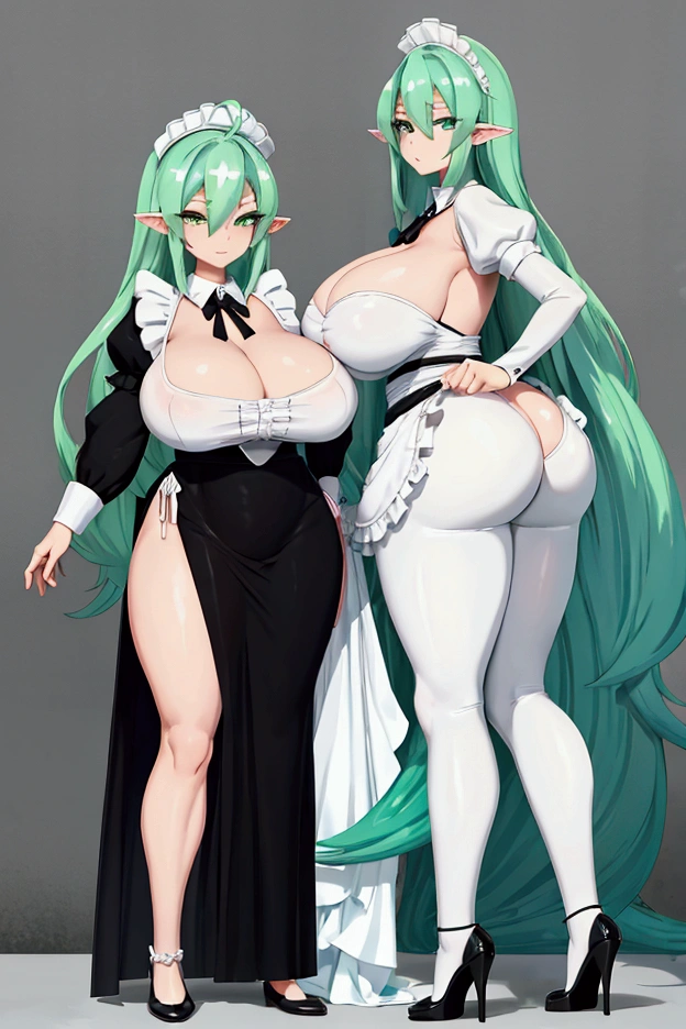 (isade),(Posing standing and with the body facing Fourth wall:1.5),+,(1 girl),(Mature body woman), (pretty: 1.5), (super hot: 1.5), (White skin color), (Long light green hair and light green eyes), (And super gigantic breasts: 1.5), (Height 1.20), (beautiful young woman), (super beautiful 18 year old ),(Slender body),(slim body),(slim body),(thin waist with hot hips),(Super gigantic breasts:1.5),(Big ass:1.5),(young mature and sexual woman's body),(Wearing),+,(A maid dress has a wide, voluminous skirt, often with layers of tulle or ruffles, providing an effect of lightness and movement. Color: Predominantly black, with white details. Neckline: Typically sweetheart-shaped or with a white collar, which adds an elegant contrast. Sleeves: They can be short or long, often with details such as lace or ribbons. Waist: Often, the dress is adjusted at the waist with a bow or belt, accentuating the silhouette. Accessories Apron: A white apron is an essential element, usually adorned with lace or embroidery, that covers the front of the dress. Cap: A white cap, which can vary in size and style, is worn on the head, symbolizing the role of a maid. Socks: Long socks, usually white or black, which may have details such as stripes or lace, complement the look. Shoes: Low-heeled shoes or flats, often black, that are comfortable and elegant.)