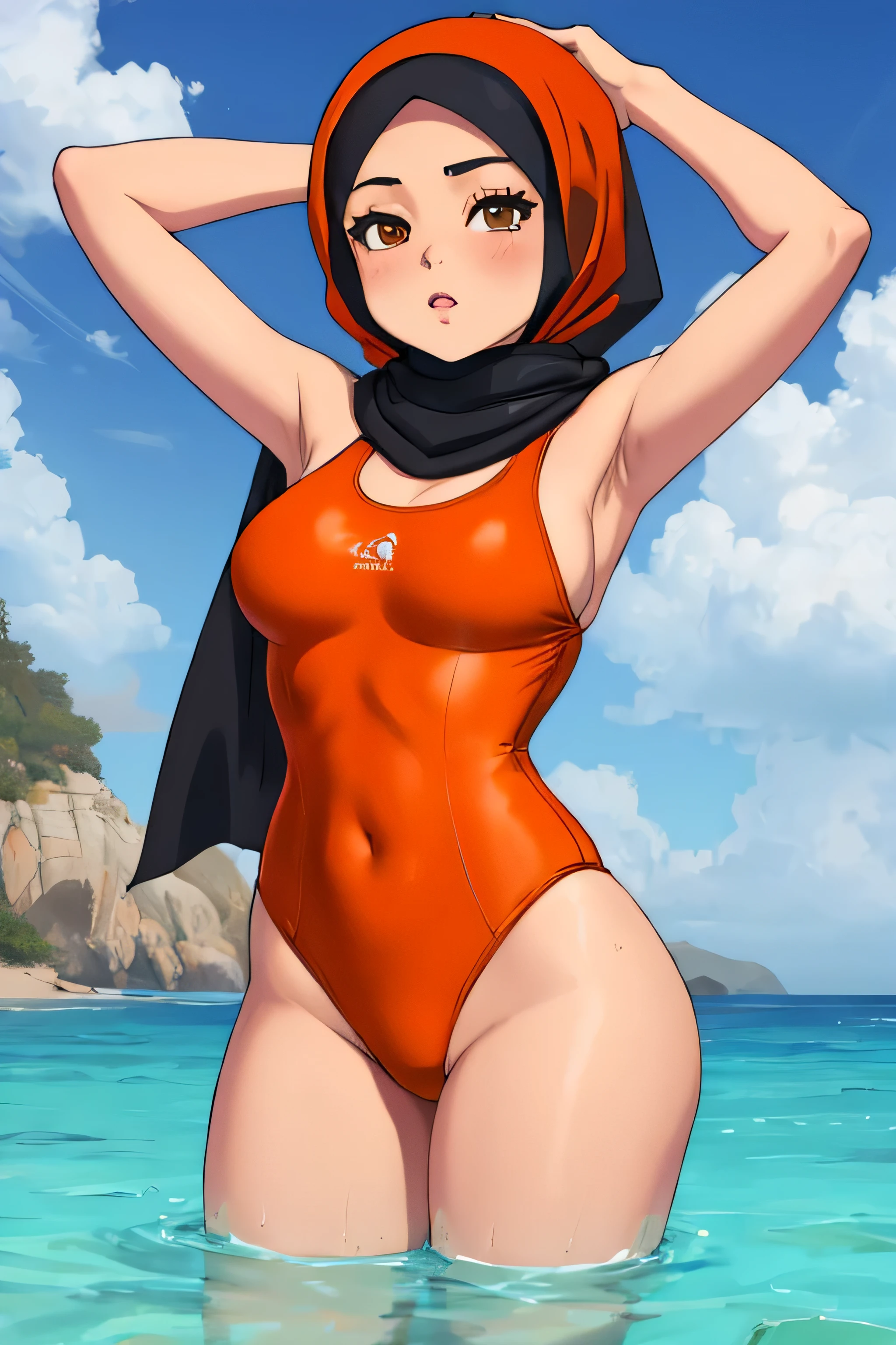 Hijab girl with orange swimsuit