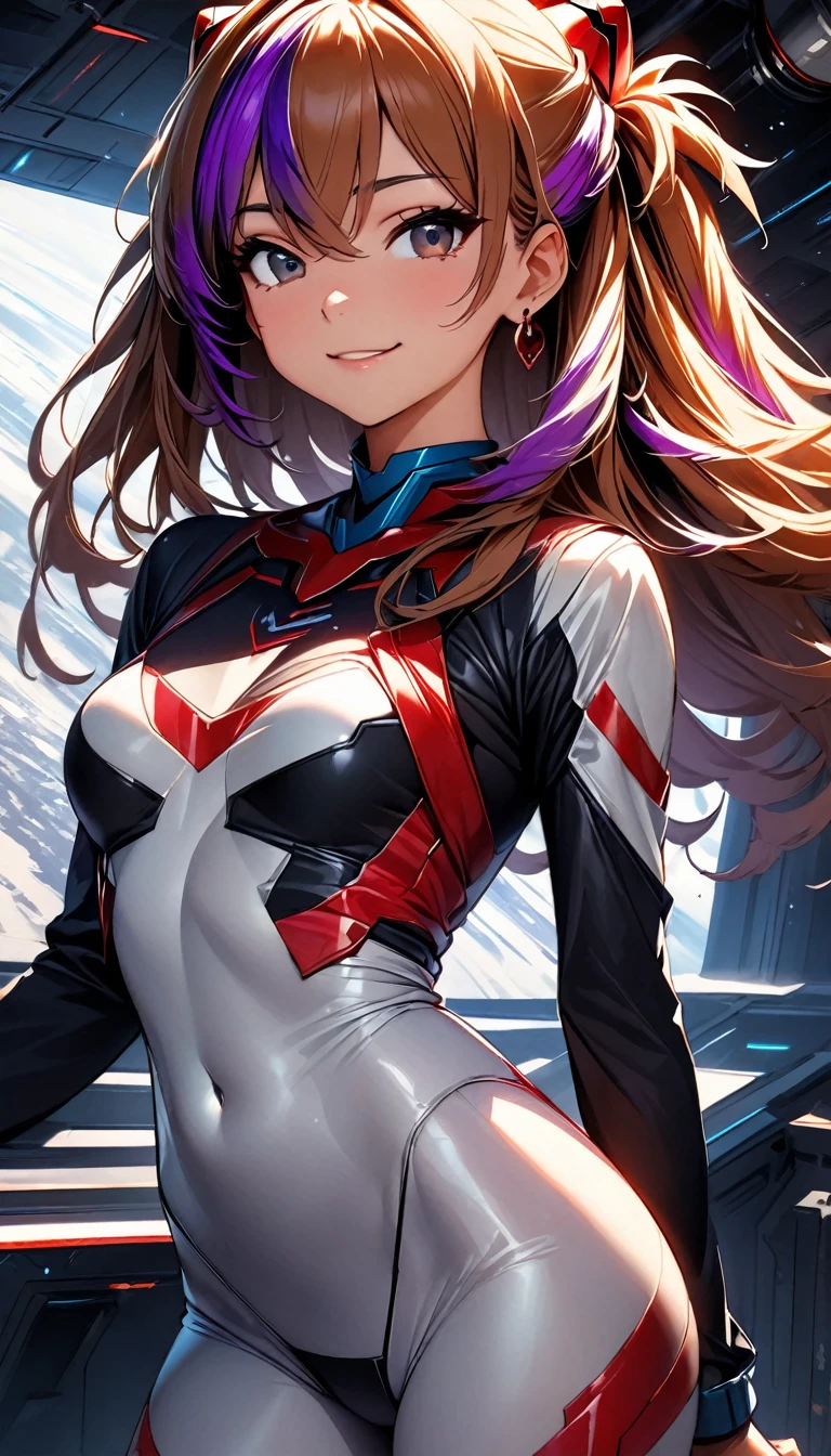 (highest quality:1.2, Very detailed, up to date, Vibrant, Ultra-high resolution, High Contrast, masterpiece:1.2, highest quality, Best aesthetics), Portraiture、girl、((25-years-old:1)), Soryu Asuka Langley, costume, Beautiful fine details、Bright colors、Beautiful lip detail, long hair、black and purple ((streaked hair:1.6)), highlights hair: 1.5, brown eyes, gold earrings, ((slim body:1.4)), (small breast:0.7), (dark skin:0.5)), smile:1.5 , space base, (cowboy shot:1), looking viewer