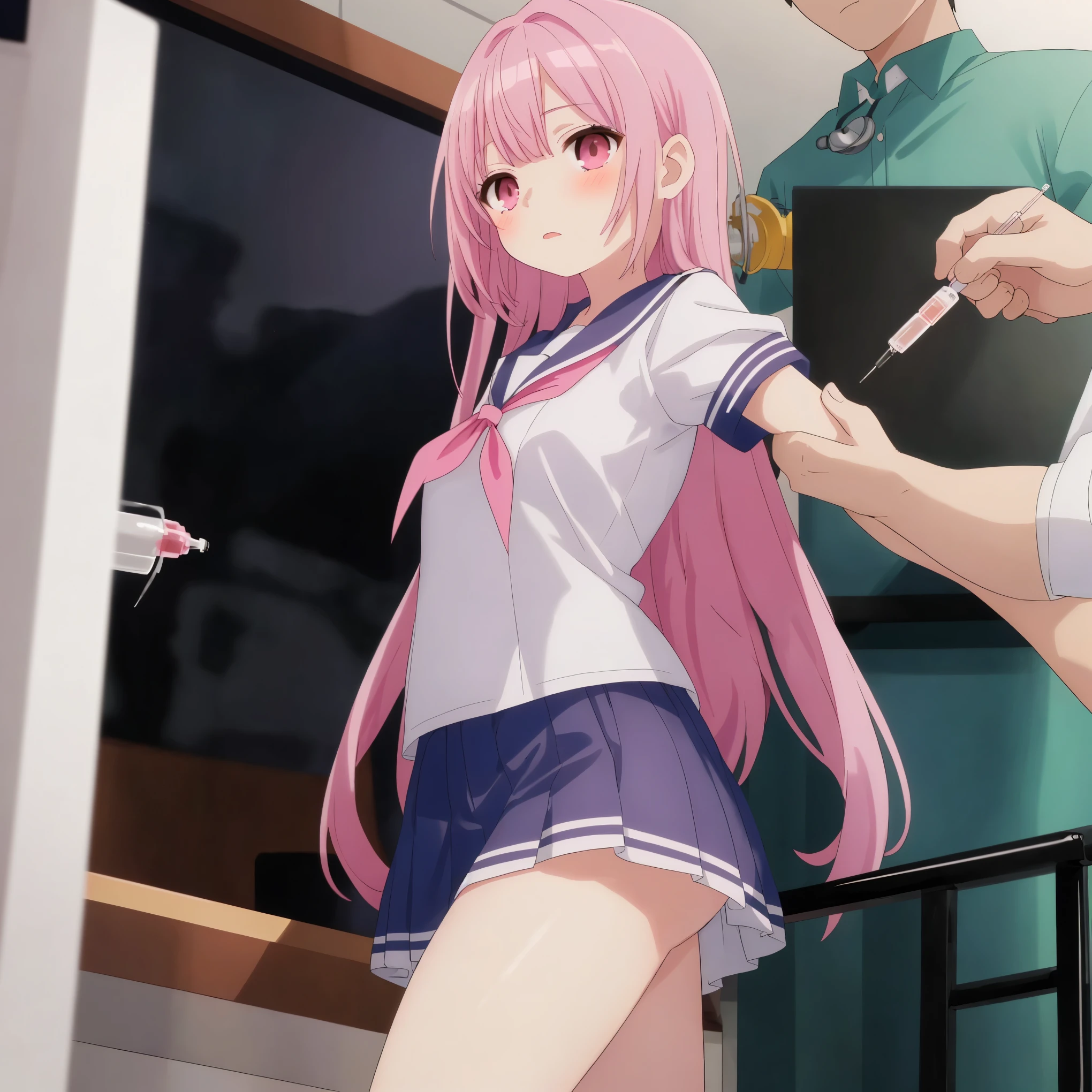 A pink-haired high school girl in a sailor uniform is getting vaccinated, a male doctor grabs your arm, takes out a syringe and injects it into your upper arm.