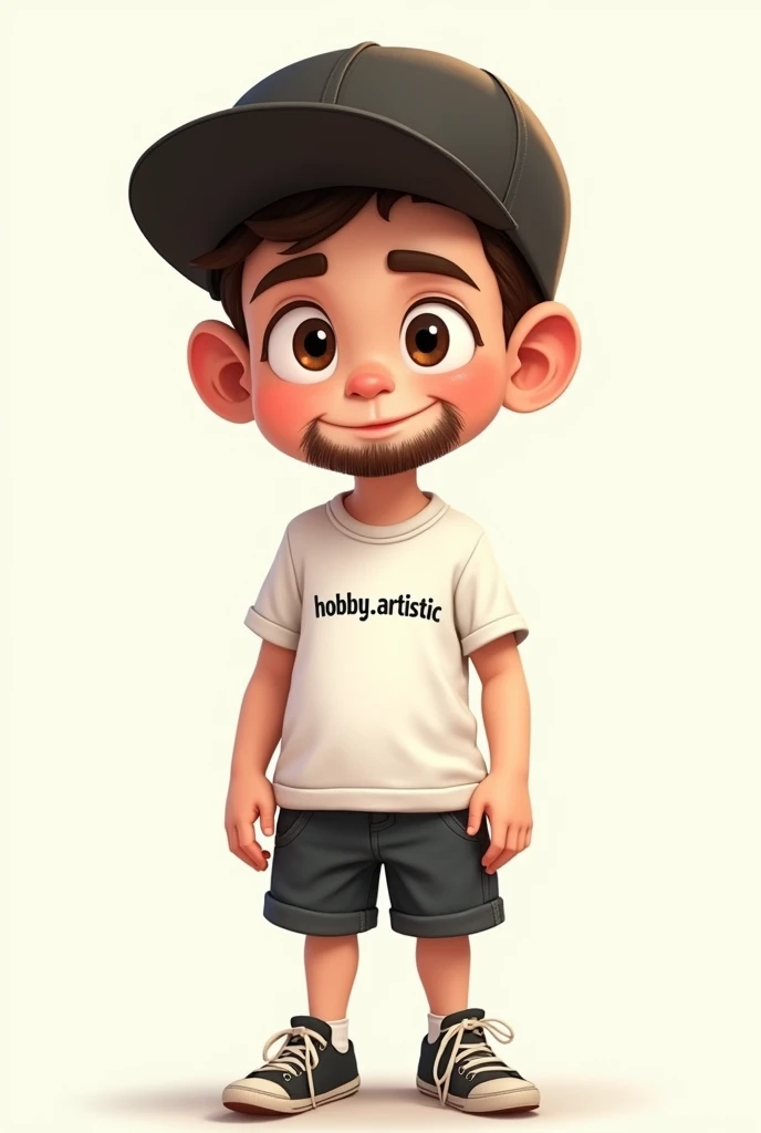 (8K resolution) Drawing of a boy in cartoon, offwhite, medium light eyes, Wearing White T-shirt, in shorts, wearing black cap, 1,70 m, 70 kg, thick eyebrows, fine nose, small ears, written on t-shirt "hobby.artistic", short beard, brawny, Scrawny.