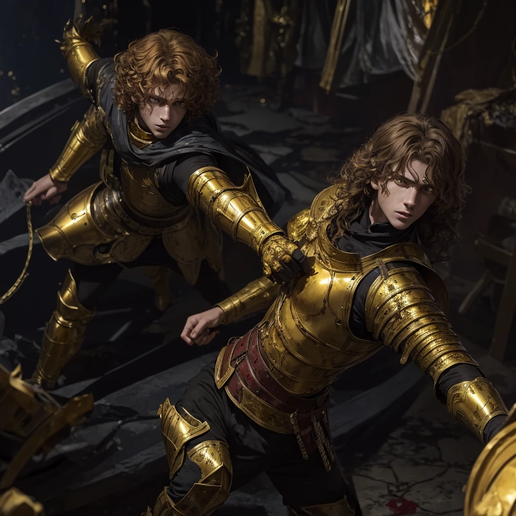 A very curly golden haired age boy with golden eyes dressed in damaged blood stained golden colored medieval armor in a fighting stance with severe wounds on his skin