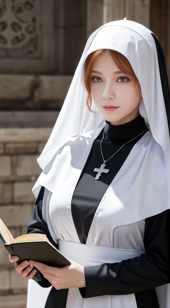 a beautiful nun, ginger hair, dressed in a gray habit, with a large white wimple and veil covering her head. The nun should have a calm and composed expression, holding a book in her left hand. She is wearing a prominent large black cross necklace.
