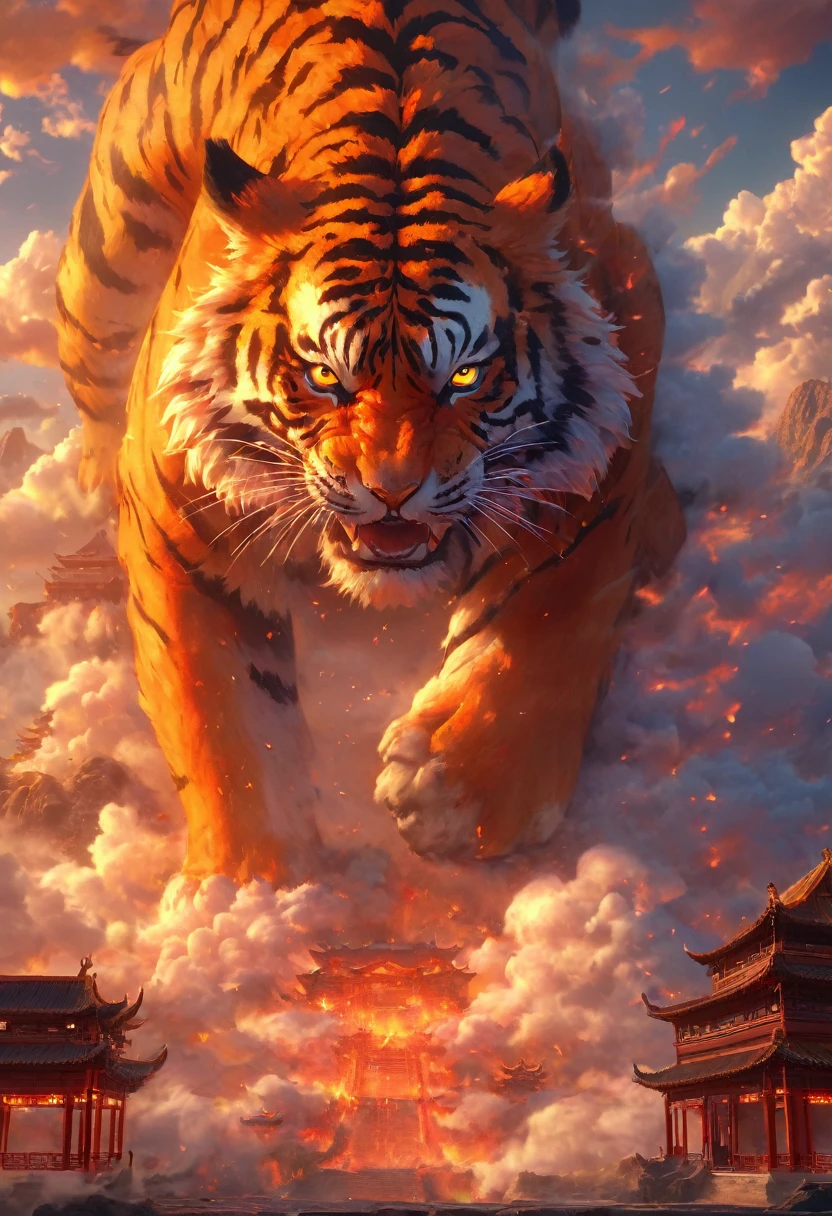 Dans un monde imaginaire, l'architecture traditionnelle chinoise, tiger fire, the clouds, the sun, the sky, the mountain, la foudre, (superior quality, 4K, high resolution, masterpiece: 1.2), extremely detailed, (Real: 1.37), couleurs vives, effets flous, Dynamic lighting.