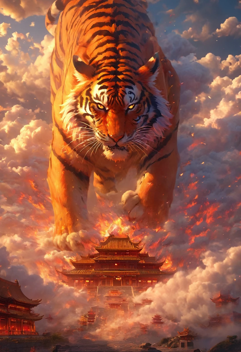 Dans un monde imaginaire, l'architecture traditionnelle chinoise, tiger fire, the clouds, the sun, the sky, the mountain, la foudre, (superior quality, 4K, high resolution, masterpiece: 1.2), extremely detailed, (Real: 1.37), couleurs vives, effets flous, Dynamic lighting.