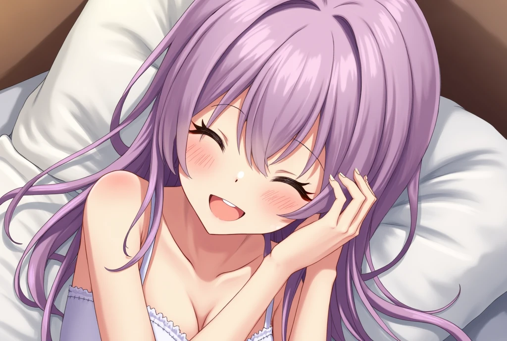 ((Highest quality)), ((masterpiece)), (detailed), １People Girls，Ash purple hair color，Semi-long hair，Smiling，Bedroom，bed，In the futon，dive，Sleeping together，First-person view，Close-up，to close range，Lingerie