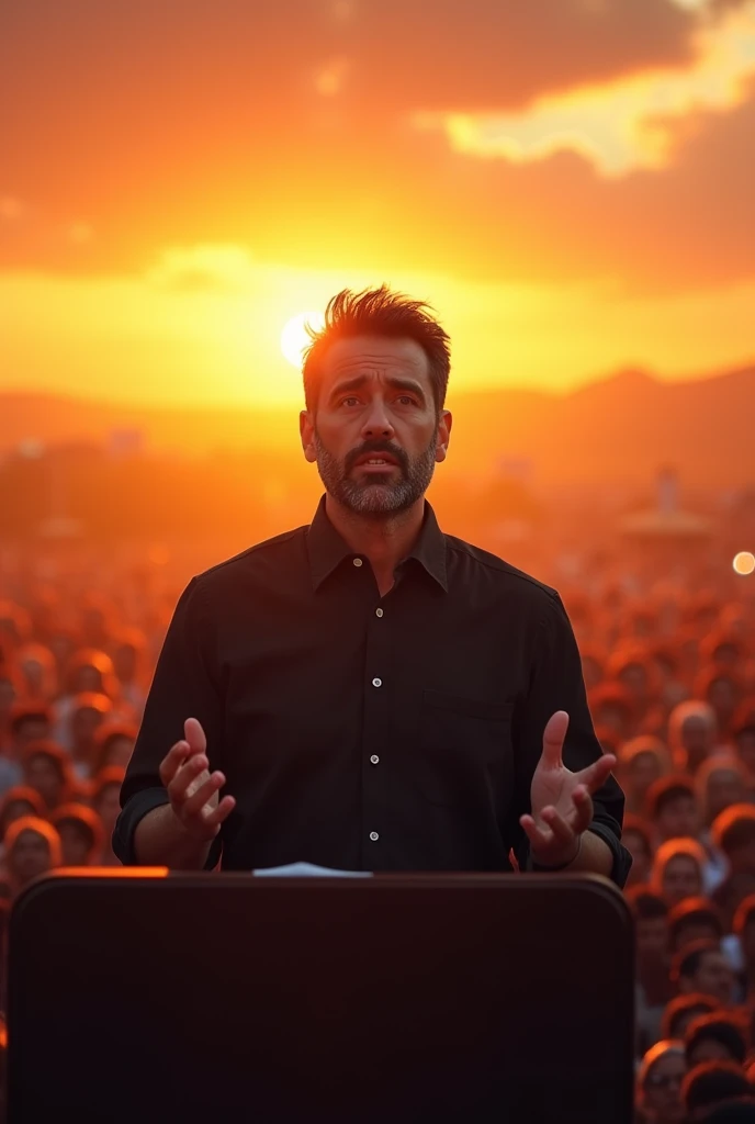 A  man with a short  beard and dair hair, wearing a black shirt, standing and speech in mike in the middle of an sun set with a crowd of people in the background