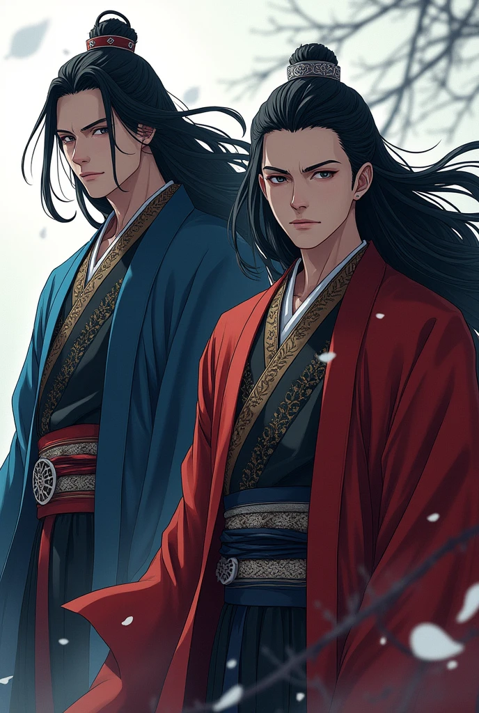 Two handsome men with long black hair, powerful, kings, wearing traditional japanese royal clothing, cold aura, anime