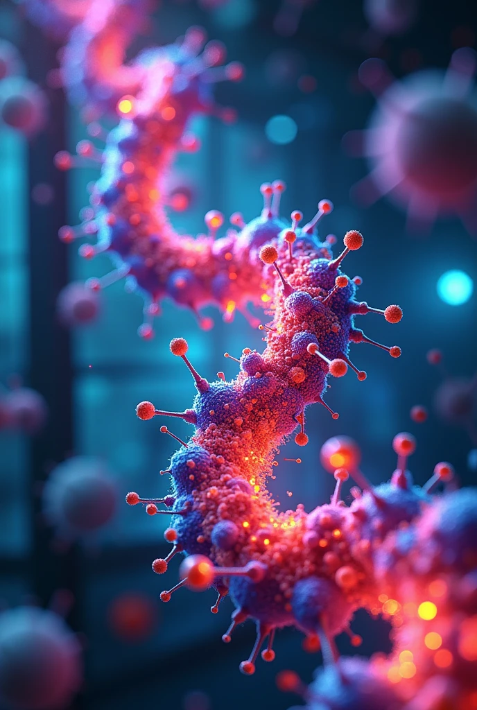 Create an image that depicts the process of polymerization. The image should feature a visual representation of monomers linking together to form a polymer chain. Use bright, vivid colors to highlight the bonds forming between molecules. The background can include abstract patterns resembling chemical structures or a lab setting with test tubes and molecular diagrams. The overall style should be modern and scientific, with a focus on clarity and accuracy.