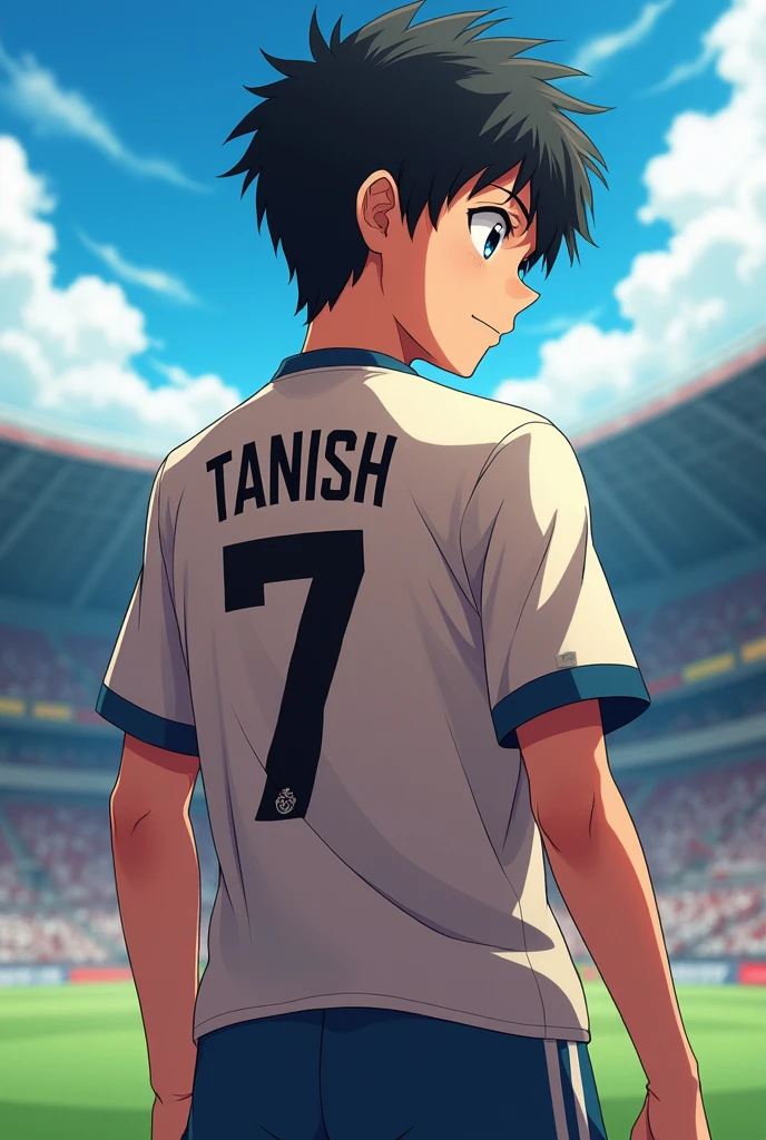 A football player 
Age 14 
On the back of the t-shirt name is TANISH .
Ans no. Is 7 .
In anime 