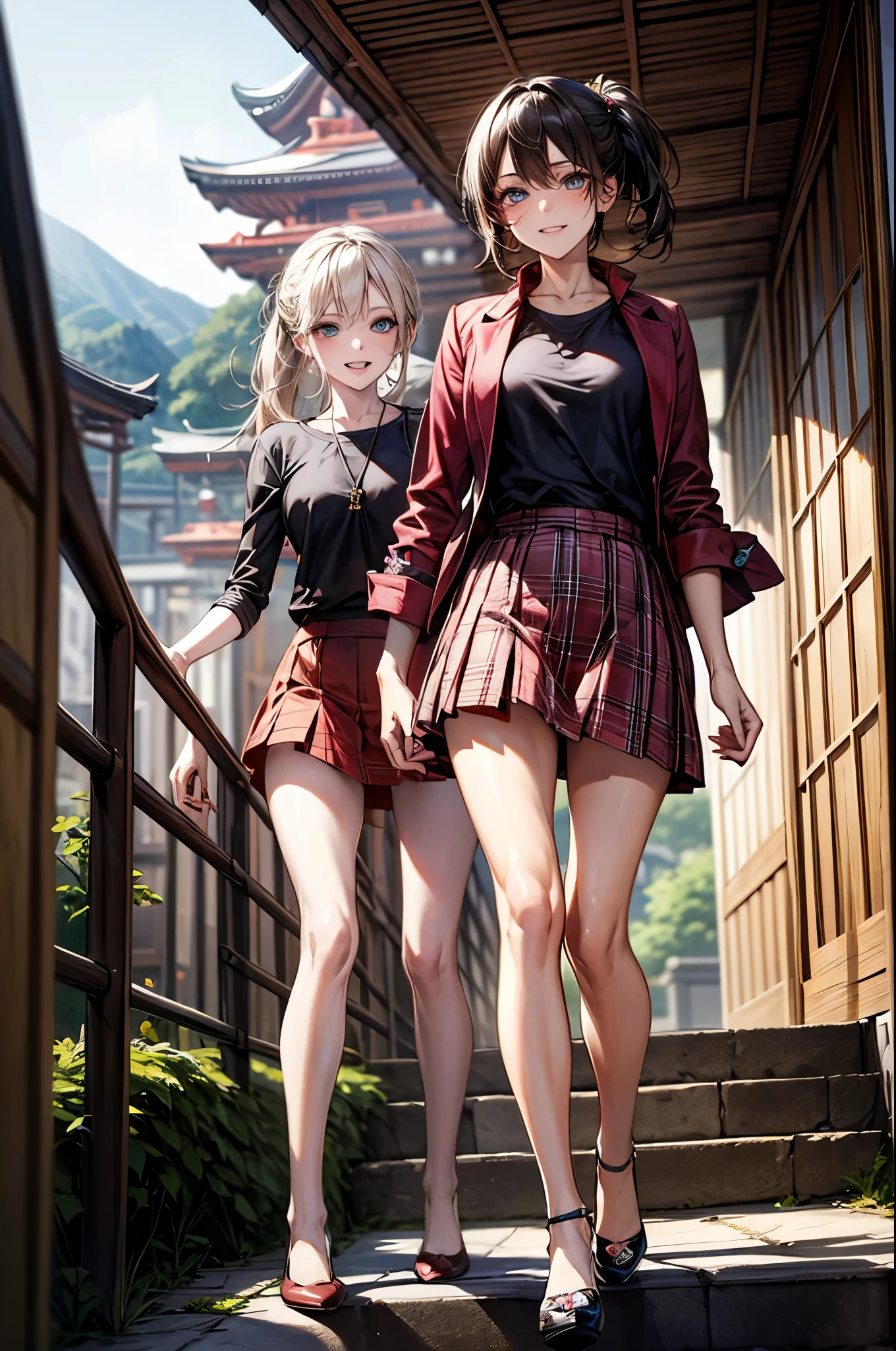 (Biologically correct limb count),Full body, including face,4K,Focus on the masterpiece face,Well-proportioned facial features,Delicate descriptive eyes,One beautiful woman,(Black shirt,red jacket,red plaid skirt),(Grin),Photos with white borders,looking at the camera,Kiyomizu-dera Temple Walking,Walking down the stairs,((High heels))