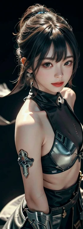 masterpiece, 1 beautiful girl, detailed, Swollen eyes, Highest quality, 超High resolution, (reality: 1.4), Original photo, 1 adult female, Cinema Lighting, smile, Japanese, Asian Beauty, clean, so beautiful, Small young face, Beautiful Skin, thin, Beautiful Face, She is smiling、(masterpiece, Highest quality), Beautiful woman, (Cyborg Wizard Bikini Armor)(Hold a longsword)、(Hold a long sword in front of you in a cool way)、Cyberpunk Background, (Ultra-realistic), (High resolution), (8k), (非常にdetailed), (Best illustrations), (Beautiful and detailed eyes), (非常にdetailedな), (wallpaper), (detailedな顔), (whole body)、Viewers are watching, The finer details, detailedな顔, Pure Erotic Face Ace_v1, smile, Diagonal bangs, Look straight ahead, Dress neatly, Dark Eyes, Sleeveless clothing, Body facing forward,(whole bodyの構図、Shooting from above、So pure and sexy)、(Hold a longsword)、(Hold a long sword in front of you in a cool way)