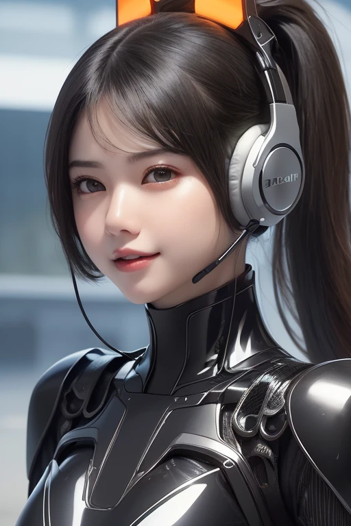 Top Quality, Masterpiece, Ultra High Resolution, (Photorealistic: 1.4), Raw Photo, 1 Girl, Black Hair, Glossy Skin, 1 Mechanical Girl, (((Ultra Realistic Details)), Portrait, Global Illumination, Shadows, Octane Rendering, 8K, Ultra Sharp, Intricate Ornaments Details, realistic skin, sweat effect, ((wearing Headphone)), very intricate detail, realistic light, CGSoation trend, brown eyes, glowing eyes, matte black and glossy orange mechanical bodysuit, Long hair, black hair, Ponytail hair, Half body shot, spaceship bridge background, dynamic pose, cute smile, close up, Open Mouth, facing audience
