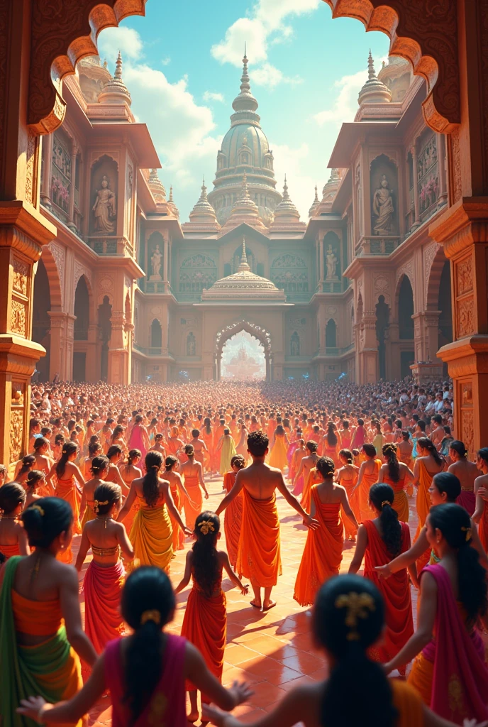 In cinematic 3d cartoon style "Show a vibrant cultural festival where traditional Ramayana motifs are combined with modern art, music, and dance.