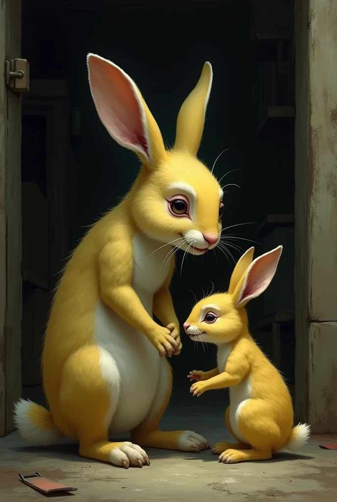 Sick yellow rabbit with his mother not welcoming