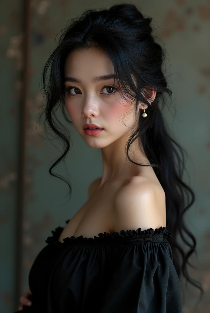 A beautiful young woman with black hair tied up、Wearing a long black dress