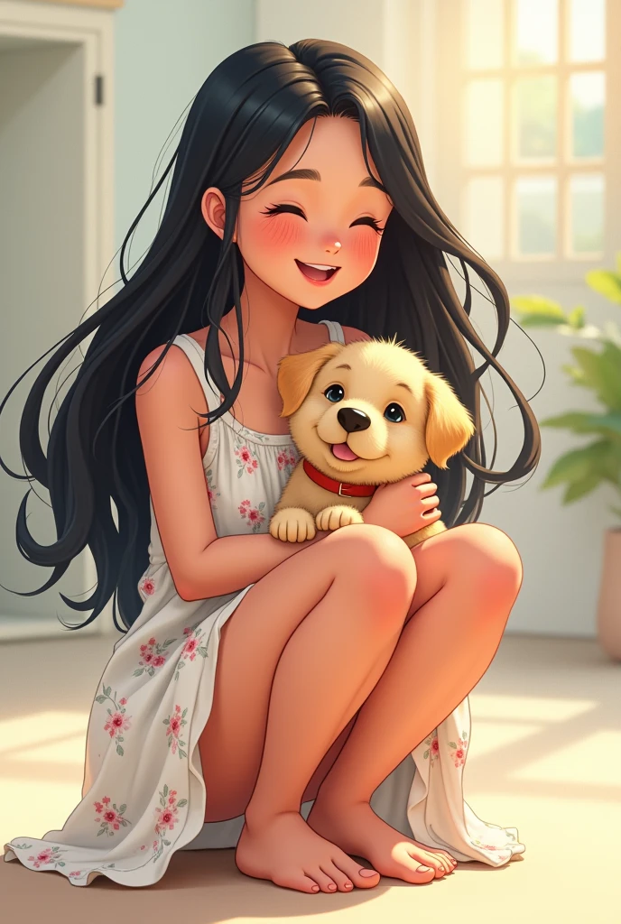 A 25-year-old girl,Long black hair,Wearing a white floral dress,Squatting,Holding a puppy,Happy smile,Anime style,Pixar style