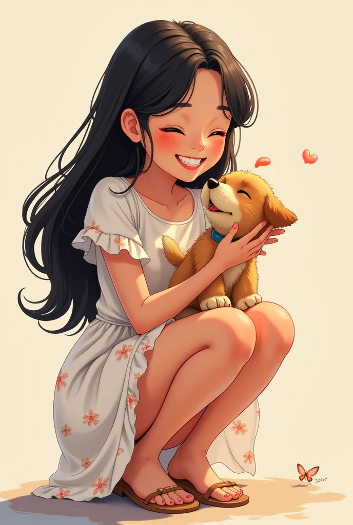 A 25-year-old girl,Long black hair,Wearing a white floral dress,Squatting,Holding a puppy,Happy smile,Anime style,Pixar style