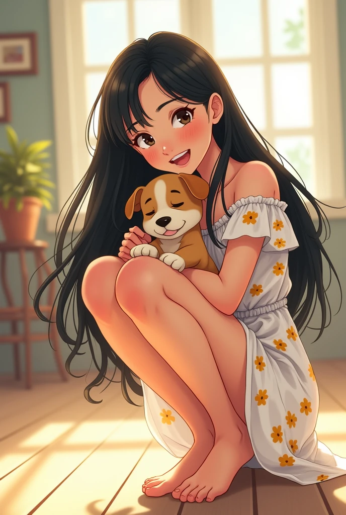 A 25-year-old girl，Long black hair，Wearing a white floral dress，Squatting，Holding a puppy，Happy smile，Anime style，Pixar style