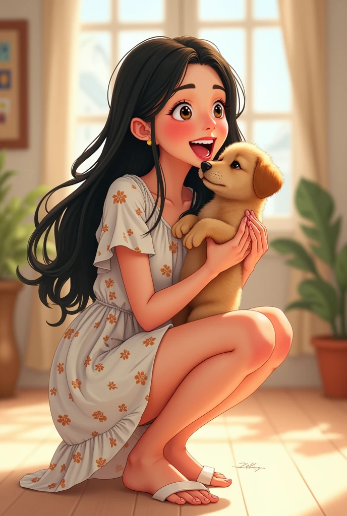 A 25-year-old girl，Long black hair，Wearing a white floral dress，Squatting，Holding a puppy，Happy smile，Anime style，Pixar style