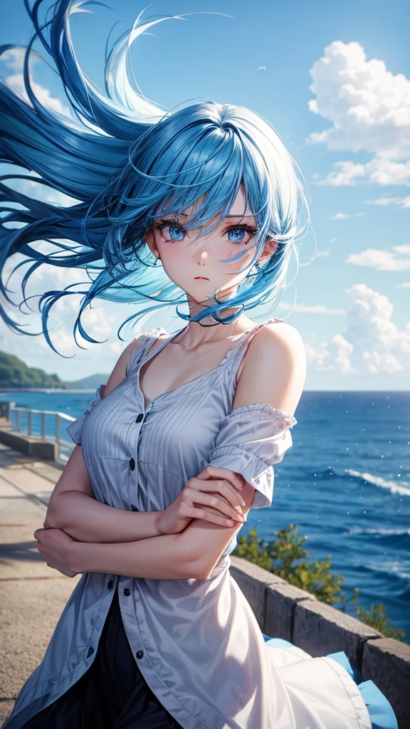 Woman Blue hair Blue eyes Cool Highlight color hairstyle, Hair blowing in the wind, 