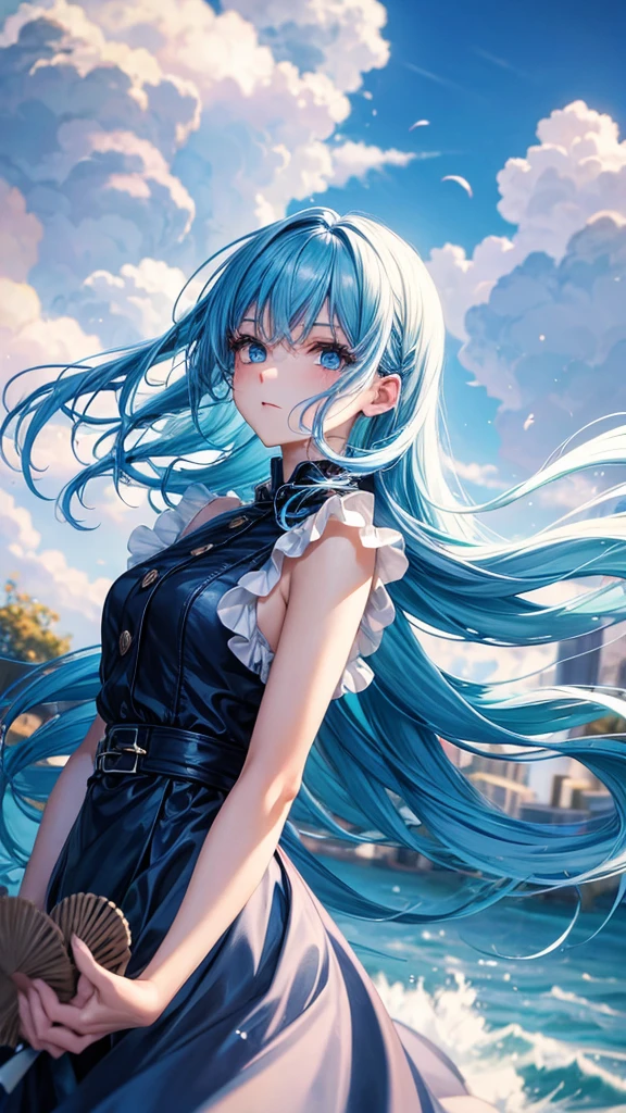 Woman Blue hair Blue eyes Cool Highlight color hairstyle, Hair blowing in the wind,