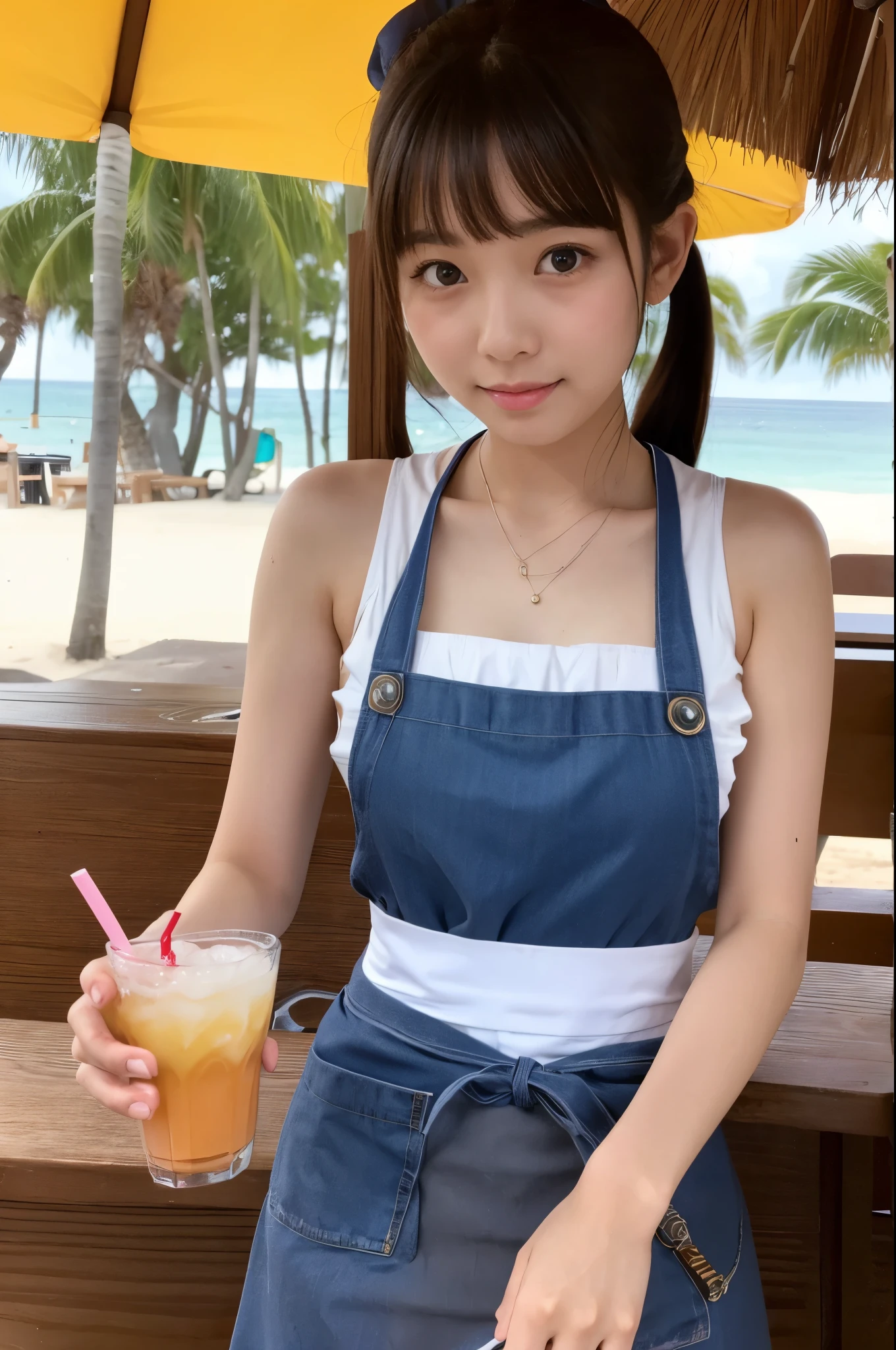 1woman, idol, ponytail, brown hair, pool、20th Generation、Beer 、cheers、View here、Poolside、No sleeve、Camisole overalls