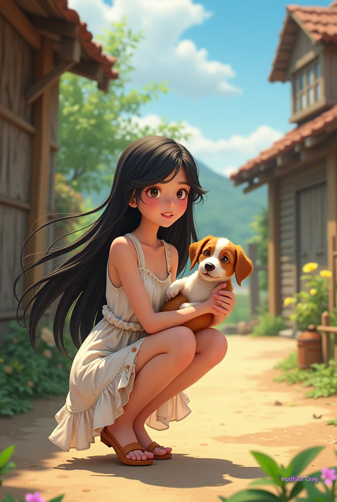 A 25-year-old girl，Long black hair，In the farmyard，Wearing a white floral dress，Squatting，Holding a puppy，Happy smile，Anime style，Pixar style