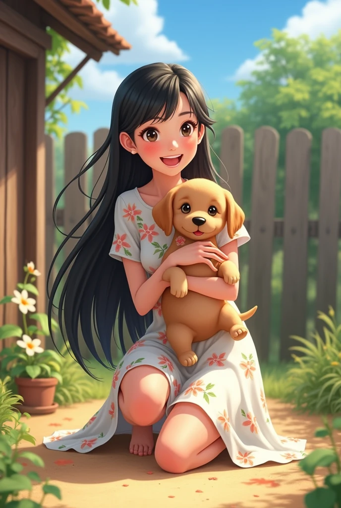 A 25-year-old girl,Long black hair,In the farmyard,Wearing a white floral dress,Squatting,Holding a puppy,Happy smile,Anime style,Pixar style