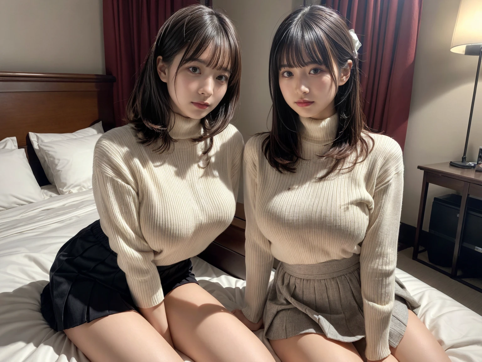 masterpiece, best quality, illustration, Super detailed, fine details, High resolution, 8K,wall paper, perfect dynamic composition,(Details High quality, realistic depiction of eyes:1.3), (2 girls), updo), white turtleneck sweater, pleated skirt, sitting, open legs, short bob hair, in a hotel room in the background, deep on field, large breasts, black hair color, Big Natural Color Lip, (perfect body shape), crying a little、Harajuku style、20 year old girl、cute type、beautiful legs, Gravure Idol