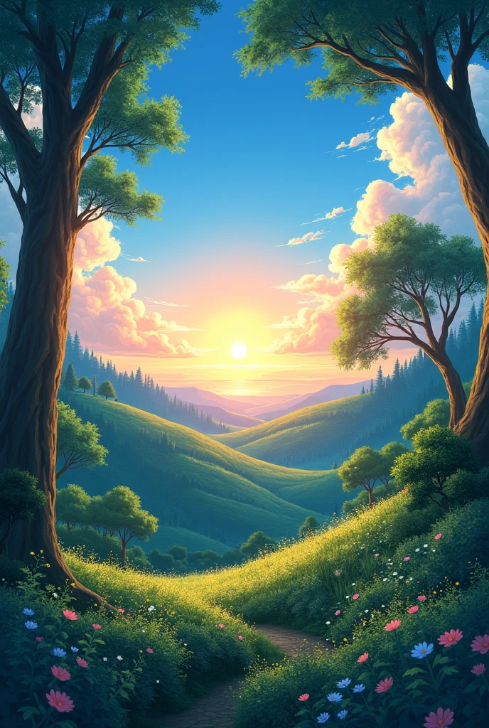 Anime style forest environment with a beautiful sunset and clouds around it making it peaceful scenario