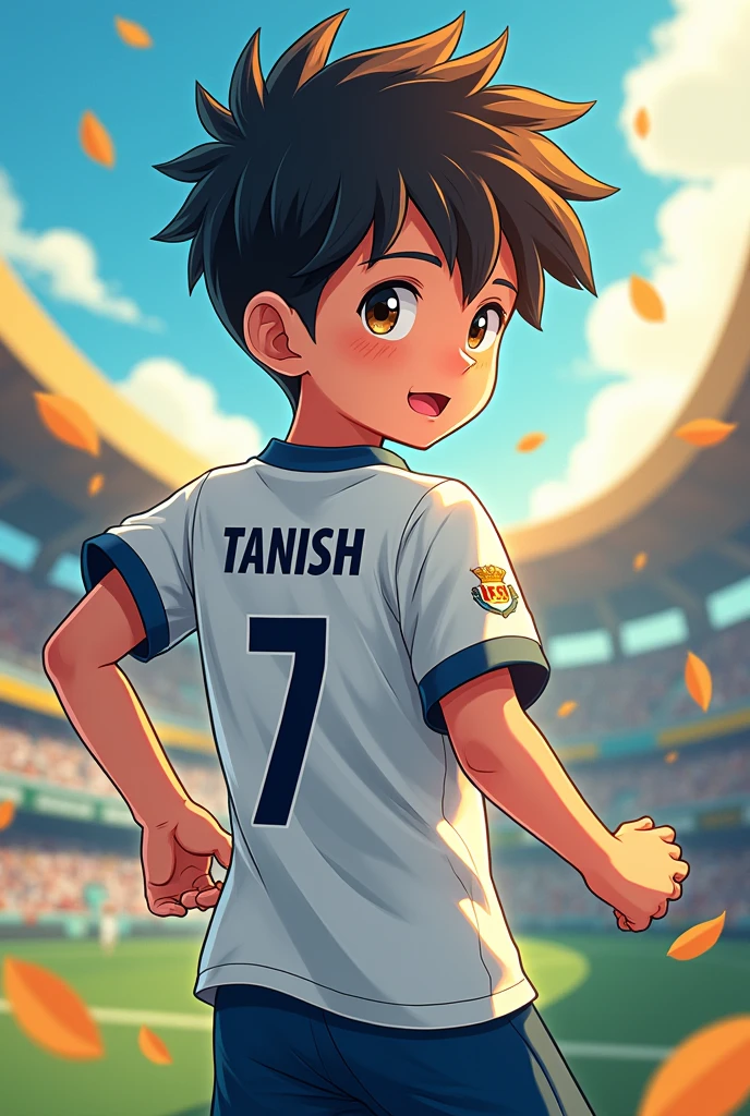 A football player 
Age 14 
On the back of the t-shirt name is TANISH .
Ans no. Is 7 .
In anime 
An cute boy