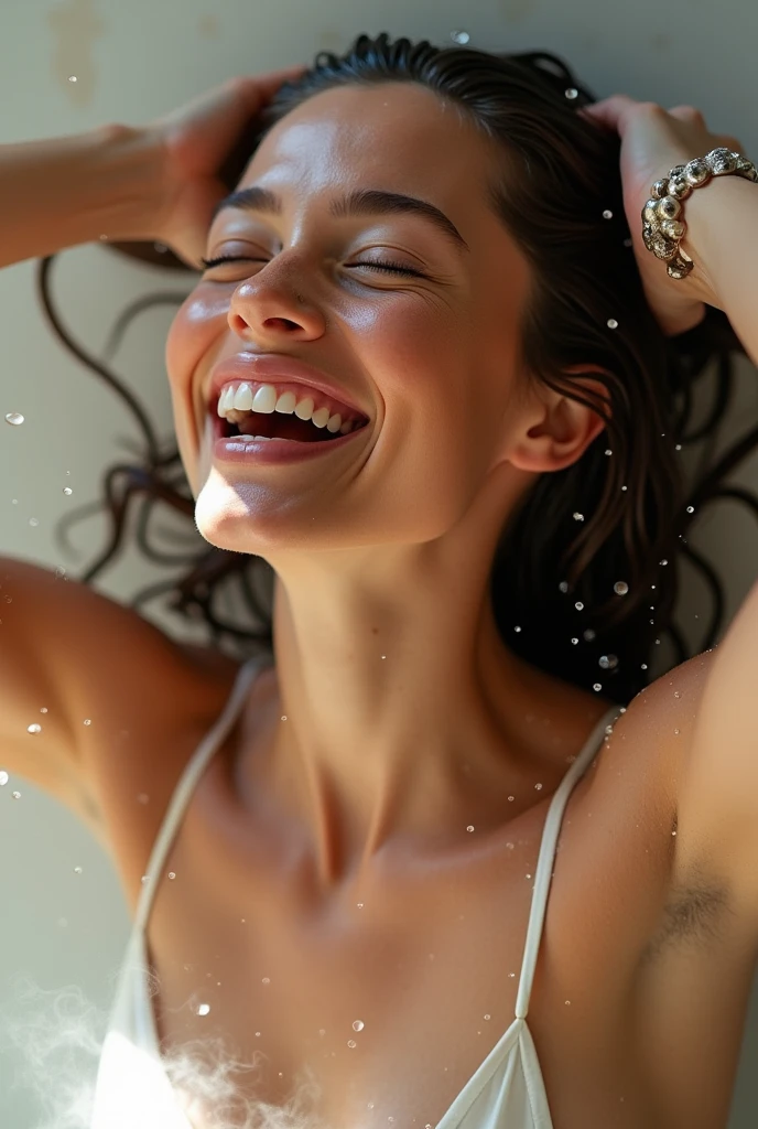 Ecstatic facial expression woman washing hair