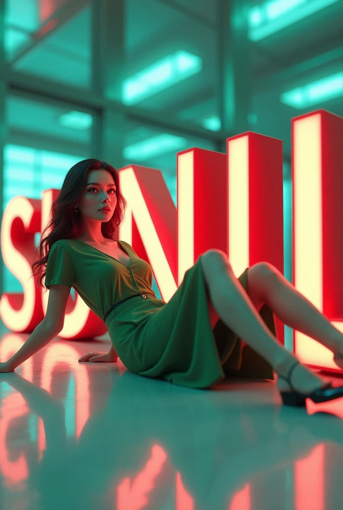 Create a 3d scene with smart graphic and beautiful girl sitting casually different back on the SUNIL name in large 3d text Green dress in trendy casual